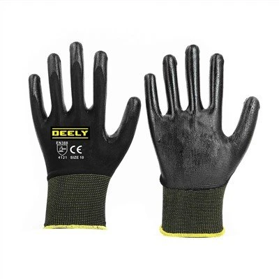 Găng tay tráng trơn màu đen Polyester Nitrile